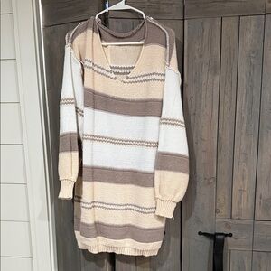 SHEIN Beige and White Striped V-Neck Sweater